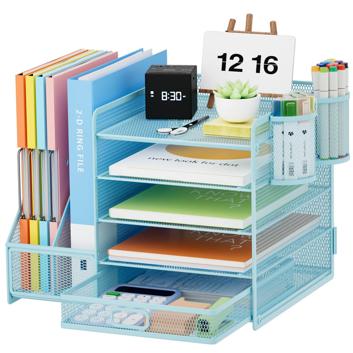 Marbrasse Schreibtisch Organizer mit Aktenhalter, 5 Ebenen Papier Briefablage mit Schublade und 2 St