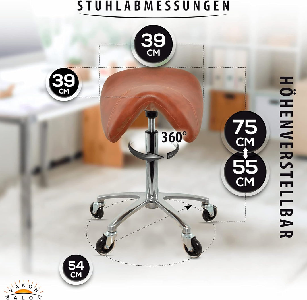 Premium Sattelhocker Hellbraun, Sattelstuhl für Rückenentlastung, Rollhocker höhenverstellbar von 55