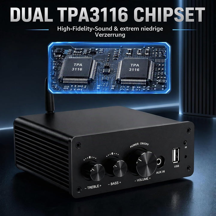 LONPOO Mini Bluetooth Hifi-Verstärker 200W mit Fernbedienung, Optical, COAX, USB, AUX-Eingang, 2 Kan