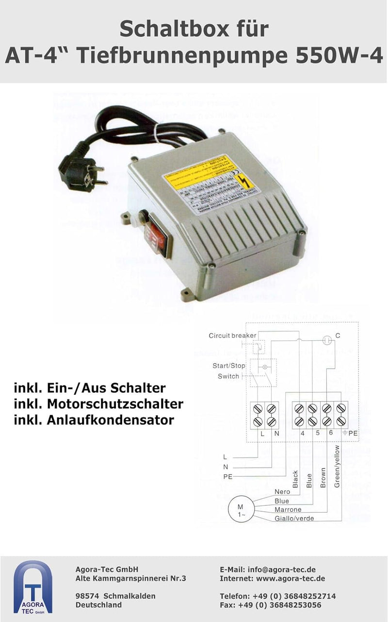 Agora-Tec® at- 4 Zoll 550W-4-3DW Tiefbrunnenpumpe Set für einen 15 Meter tiefen Brunnen, bestehend a