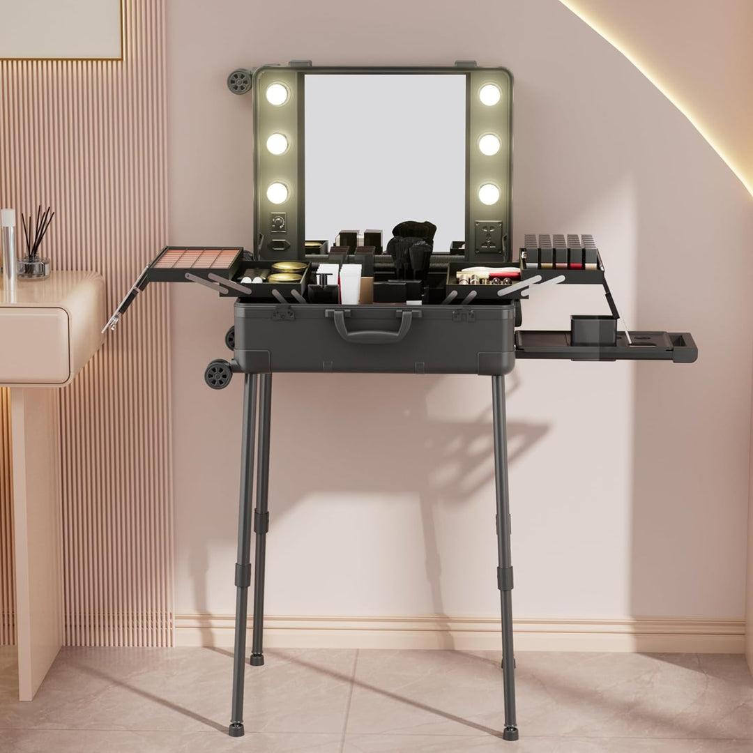 Make-up-Koffer mit Rollen aus Aluminium, grosser Spiegel mit 6 Glühbirnen, Organisation von Kosmetik