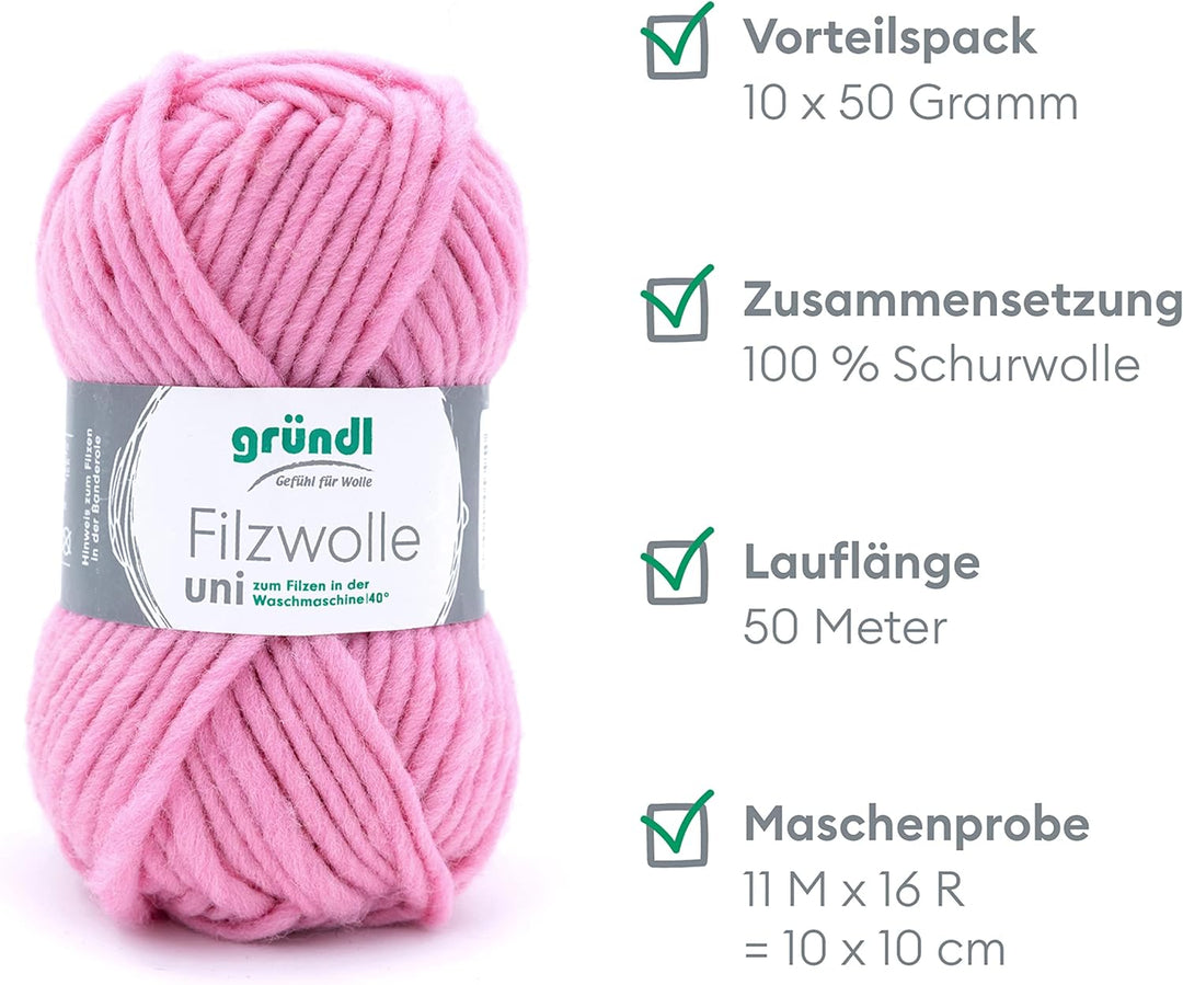 Gründl Filzwolle uni (Wolle zum Filzen, Stricken und Häkeln, Garn aus 100 % Schurwolle, 50 g / 50 m,