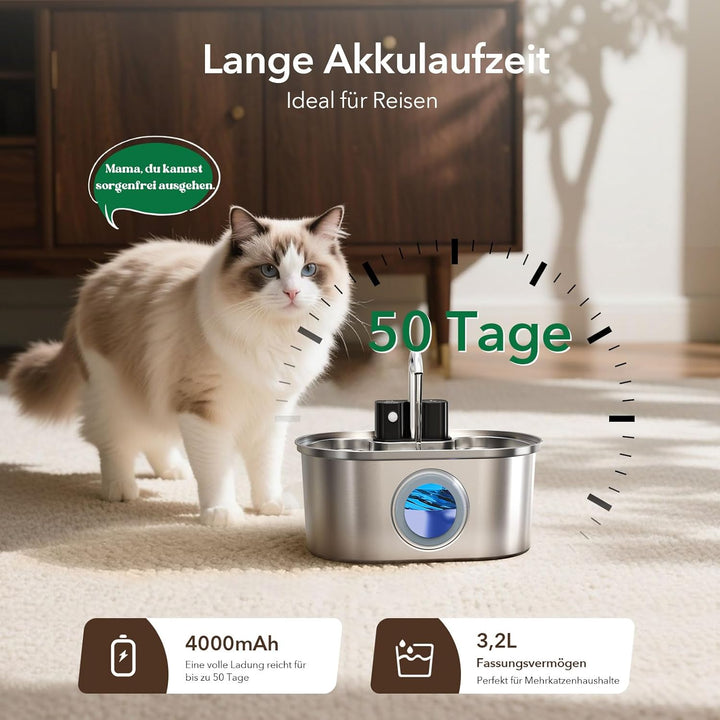 Kabelloser Katzenbrunnen aus Edelstahl, 3,2L – Batteriebetriebener Wasserspender mit Bewegungssensor