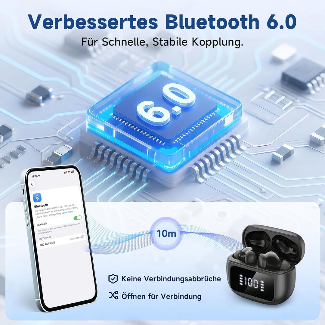 AOC Kopfhörer Kabellos Bluetooth 6.0 in Ear Kopfhörer Bluetooth 40 std | Bluetooth Kopfhörer mit 6 A