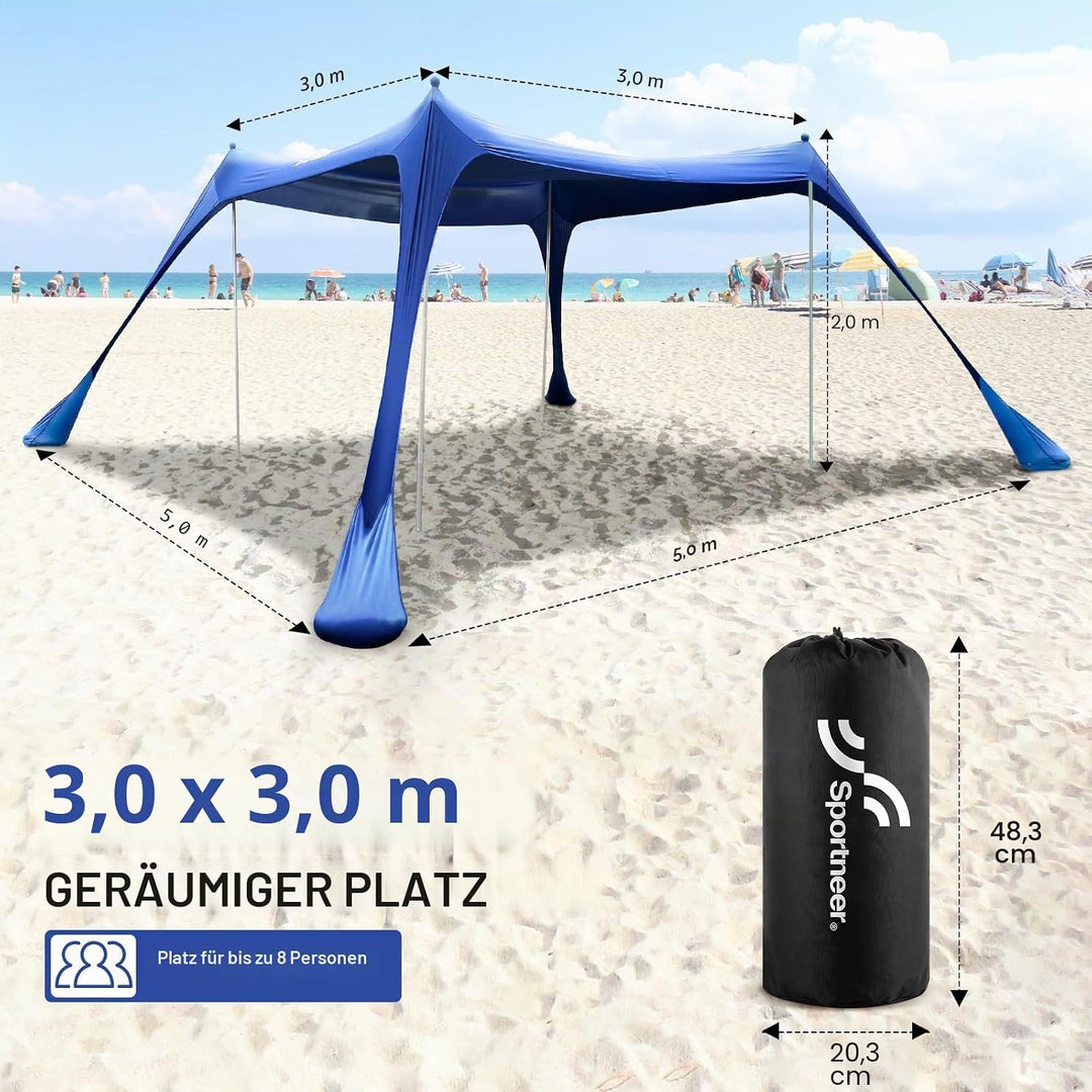 Sportneer Strandmuschel UV Schutz, Strandzelt 3m x 3m x 2m High UPF50+ mit 4 Alustangen 4 Sandsäcken