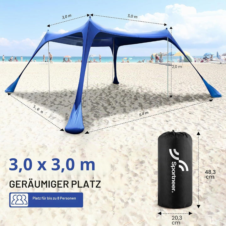 Sportneer Strandmuschel UV Schutz, Strandzelt 3m x 3m x 2m High UPF50+ mit 4 Alustangen 4 Sandsäcken