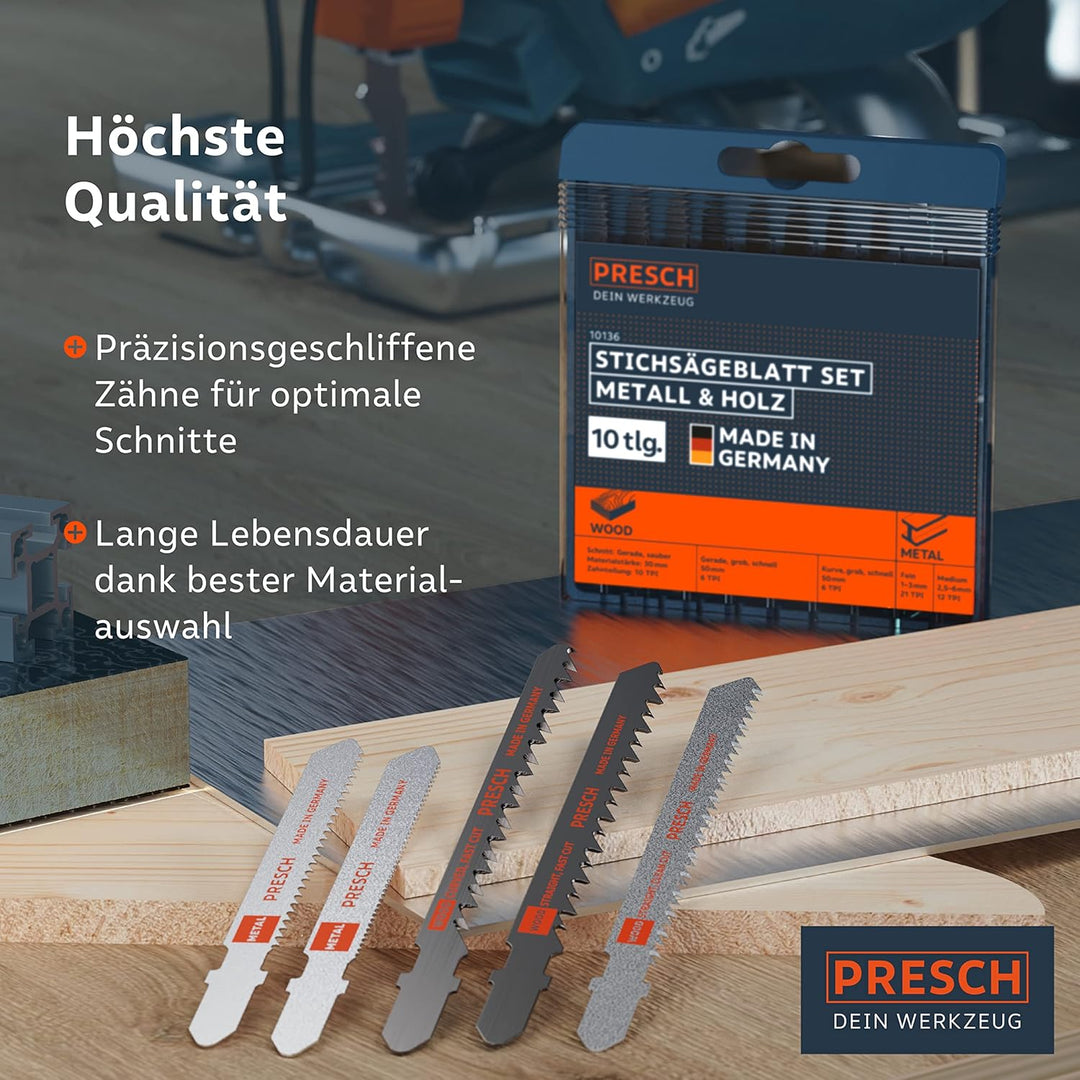 Presch Stichsägeblätter Set Metall & Holz 10 Stk. - Stichsägeblatt Set für alle Anwendungen - Profi