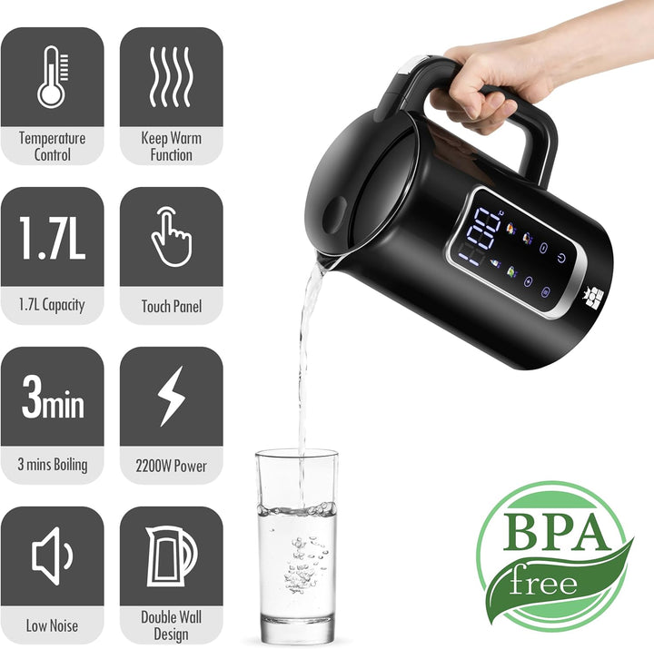 ForMe Edelstahl Wasserkocher 1,7 L mit Temperatureinstellung Temperaturwahl 40-100°C I LED Digitale