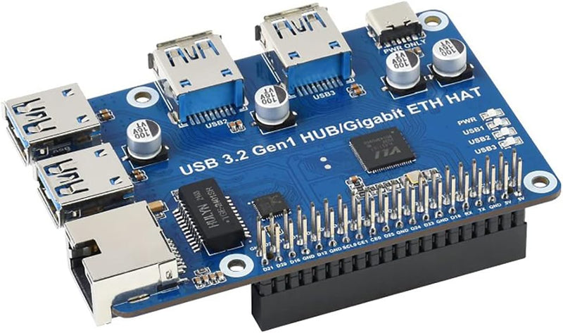 USB 3.2 Gen1 and Gigabit Ethernet HUB HAT for Raspberry Pi Series Board, 3X USB 3.2 Gen1, 1x Gigabit