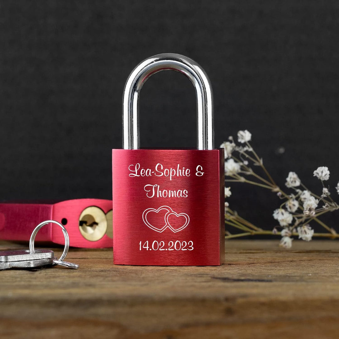 LIEBESSCHLOSS-FACTORY Liebes-Schloss Rot mit Laser-Gravur und Schlüssel, gratis Geschenkbox uvm. Jet
