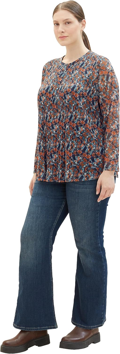 TOM TAILOR Damen 1039920 Mesh-Langarmshirt Bluse mit Muster (1er Pack) 48 32370 - Navy Small Tie Dye