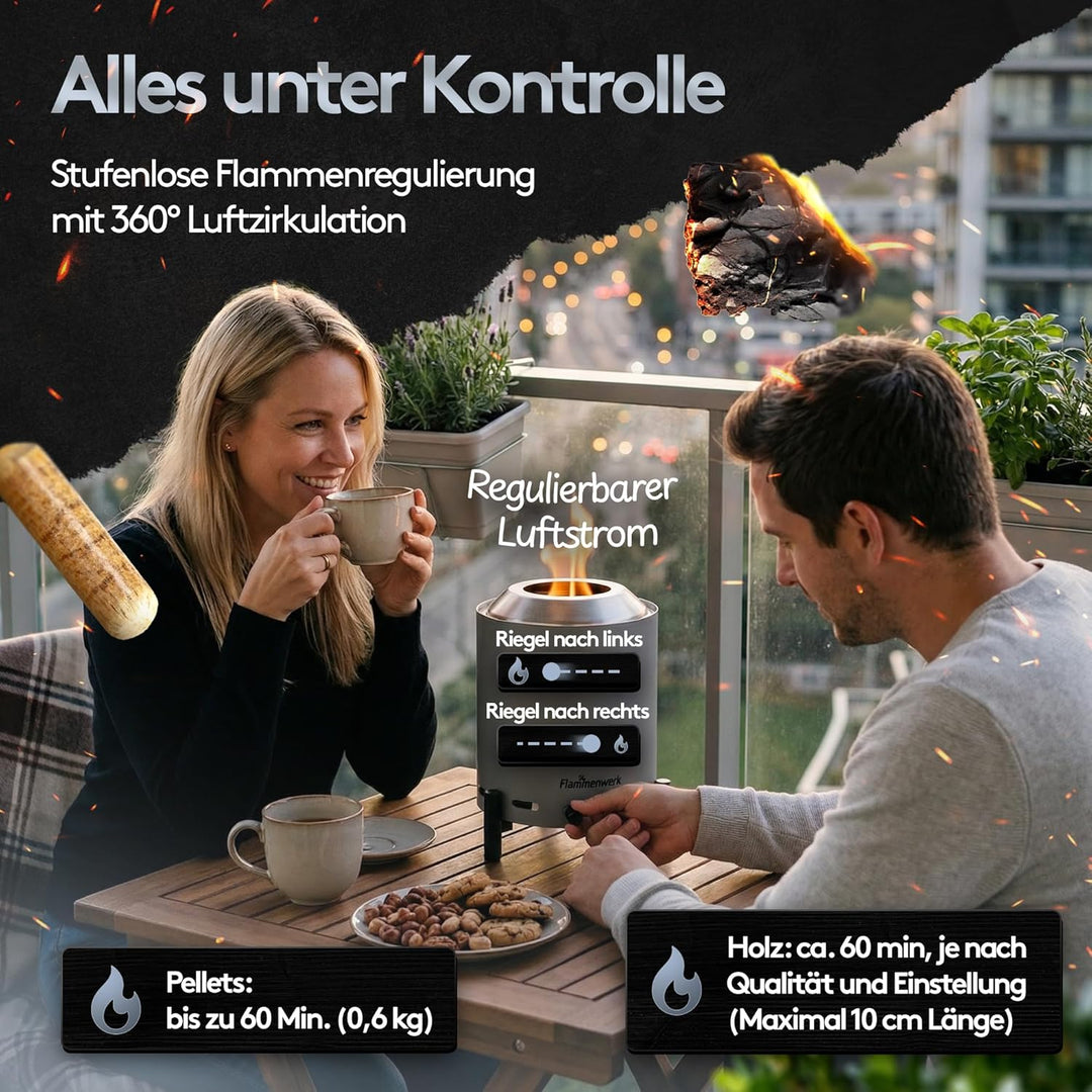 Raucharmes Tischfeuer für Pellets & Holz – Kompaktes Outdoor-Flammenfeuer mit 360° Luftregulierung,