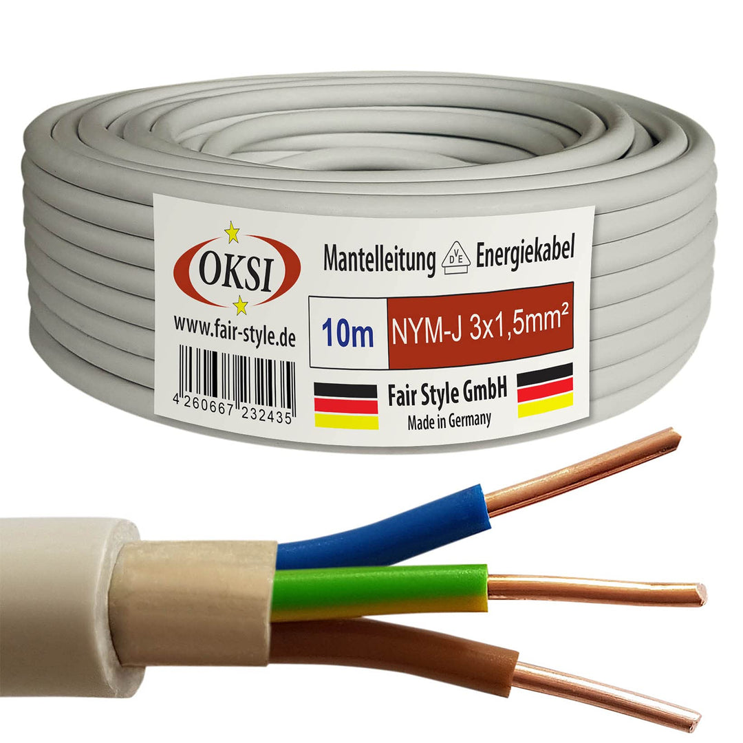 OKSI 10m NYM-J 3x1,5 mm² Mantelleitung Feuchtraumkabel Elektrokabel Kupfer Made in Germany 10 m NYM-