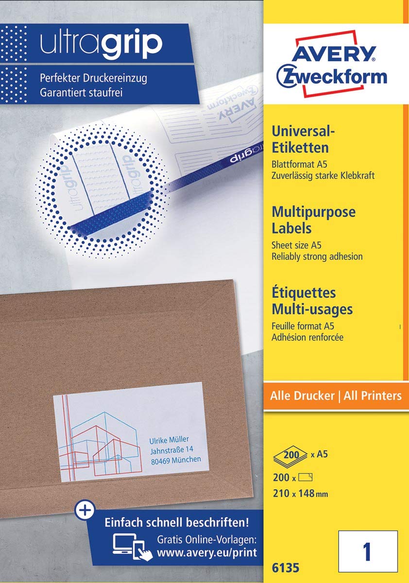 AVERY Zweckform 6135 Universal Etiketten (200 Klebeetiketten, 210x148mm auf A5, Papier matt, bedruck