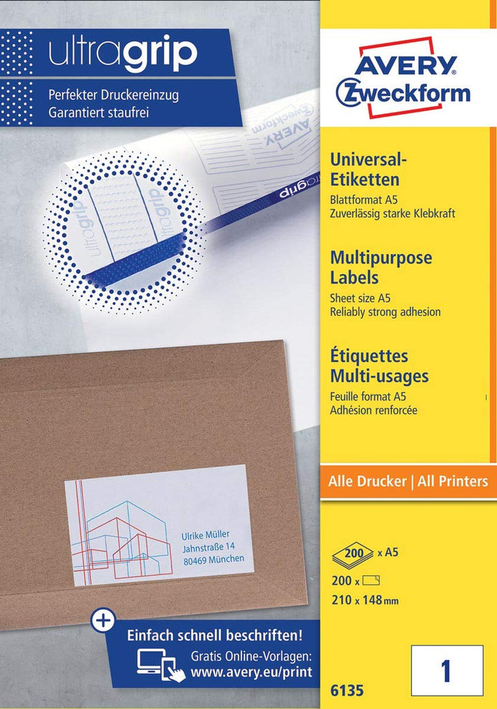 AVERY Zweckform 6135 Universal Etiketten (200 Klebeetiketten, 210x148mm auf A5, Papier matt, bedruck