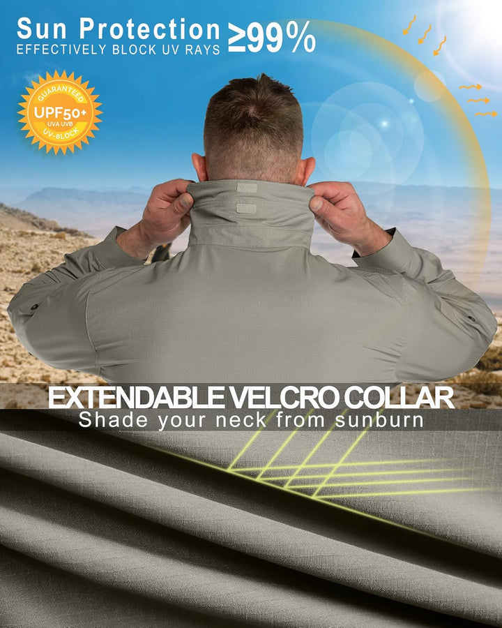 33,000ft Safari Hemd Herren Langarm Sportshemd UPF50+ UV Schutz Funktionshemd Atmungsaktiv Button-Do