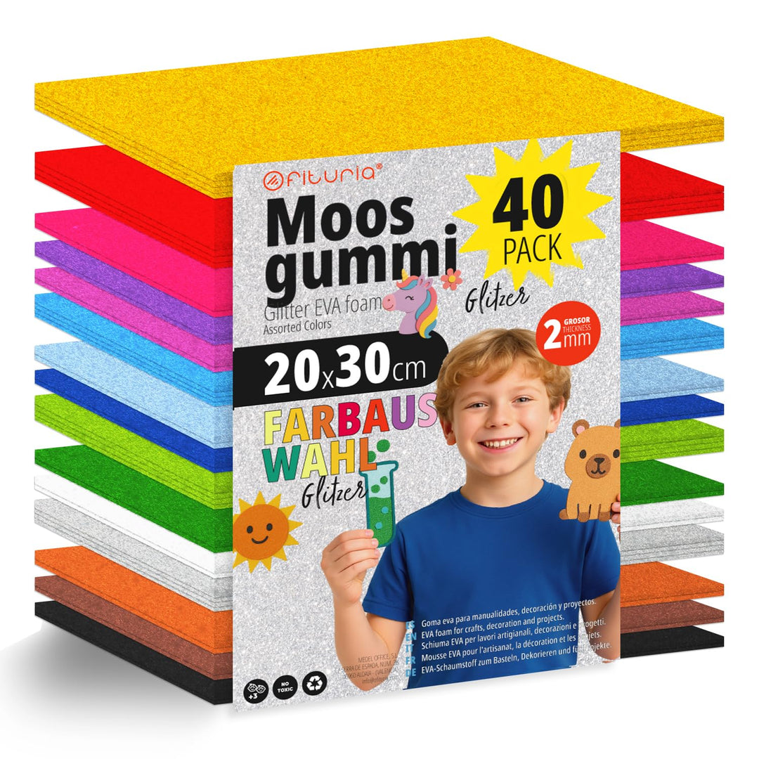 OFITURIA 40 Blatt Moosgummi Set, Bunte Farben, Format 20x30 cm – Ideal für Bastelprojekte, DIY, Schu