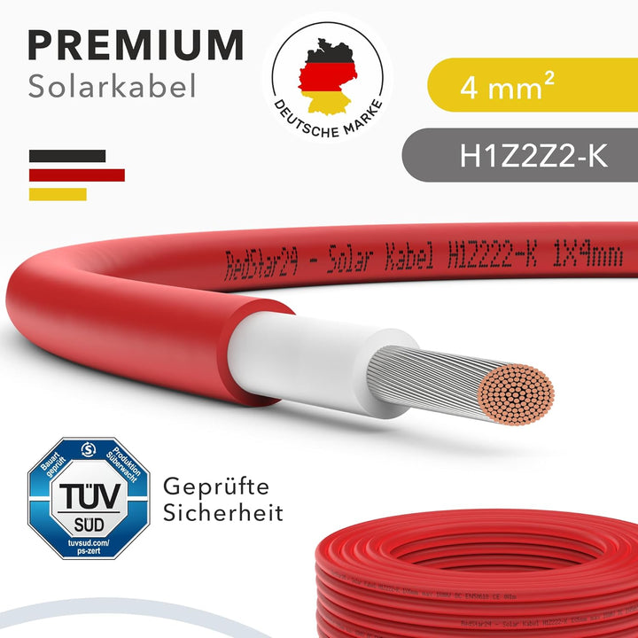 RedStar24 Premium Solarkabel 4mm² Rot - 30m - TÜV SÜD geprüft - UV-beständig, flexibel, Photovoltaik