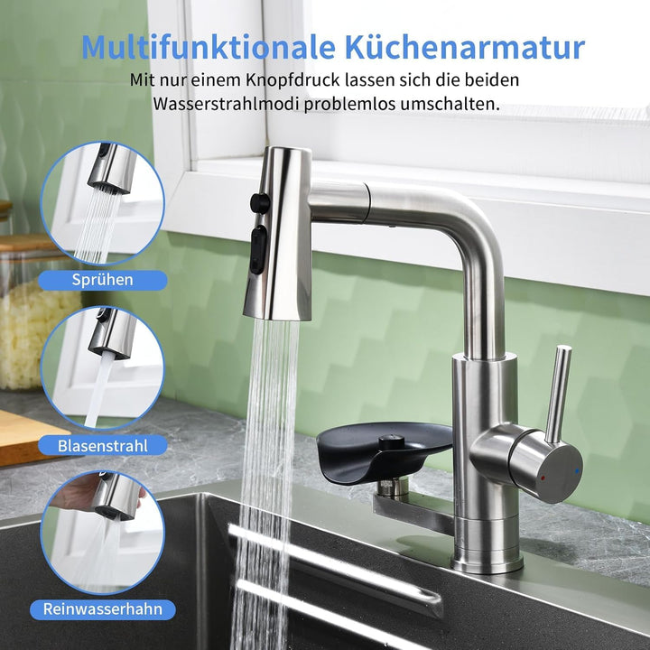 Küchenarmatur Wasserhahn Küche mit Glasspüler, Ausziehbar 3 Strahlarten Grau, Grau
