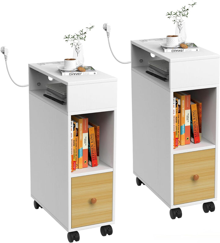 PIPIPOXER Nachttisch schmal mit Rollen, kleiner Nachttisch, Eichenfarben, mit 1 Schublade, USB-Ansch