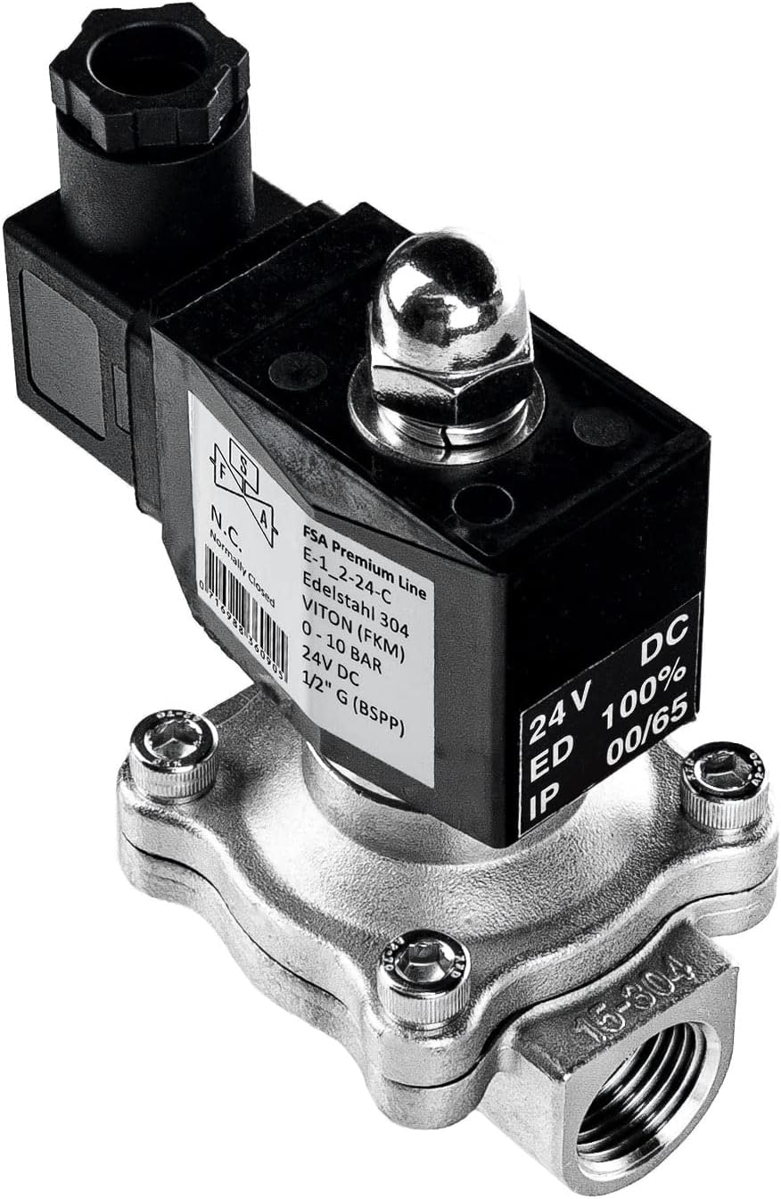 FSA Magnetventil Edelstahl 304 1/2" 24V DC 0-10 bar Viton stromlos geschlossen, 1/2" 24v DC