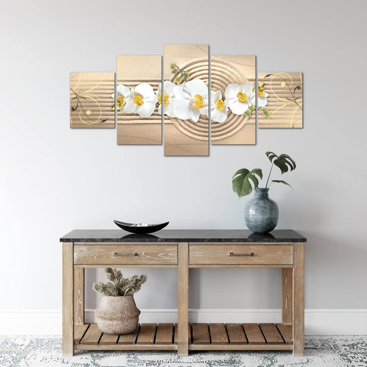Runa Art Wandbilder Blumen Orchidee 5 Teilig Bild auf Vlies Leinwand Deko Wohnzimmer Sand Beige Gelb