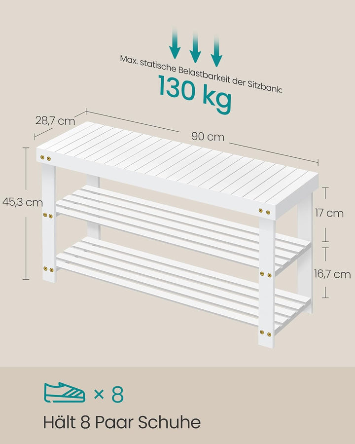 SONGMICS Schuhbank, Schuhregal mit 3 Ebenen, Schuhablage aus Bambus, bis 130 kg belastbar, 28,7 x 90