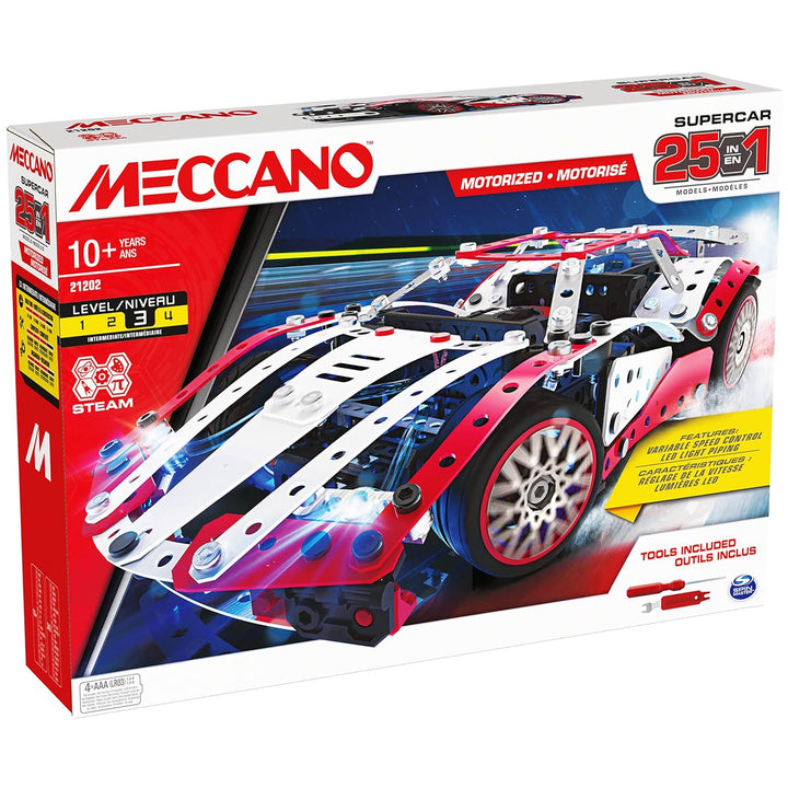 Meccano 25-in-1 Motorized Supercar STEM Model Building Kit with 347 Parts, Real Tools and Working Li