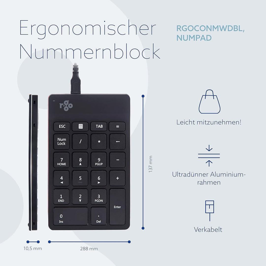 R-Go Tools R-Go Numpad Break, Numerische Zusatztastatur mit USB-Anschluss, Kabelgebunden, Schwarz,