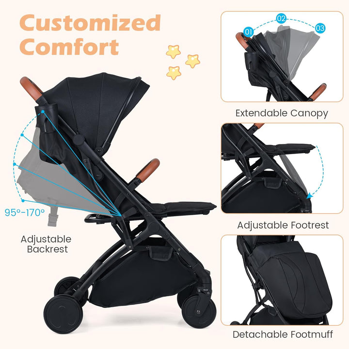 COSTWAY Kinderwagen klappbar mit Regenschutz, Reisebuggy mit verstellbarem Rückenlehne, Fussstütze,