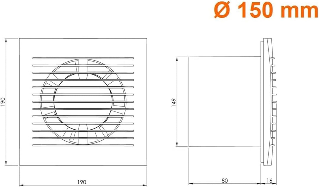 Ø 150mm Weiss Badlüfter mit Timer und Feuchtesensor - Lüfter für Effiziente Belüftung im Bad Kuche W