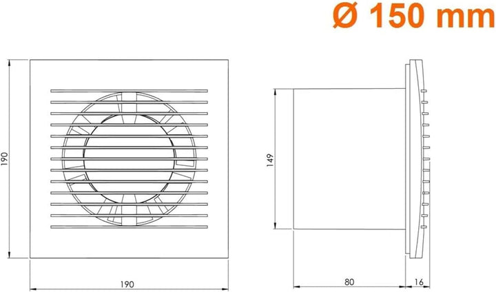 Ø 150mm Weiss Badlüfter mit Timer und Feuchtesensor - Lüfter für Effiziente Belüftung im Bad Kuche W