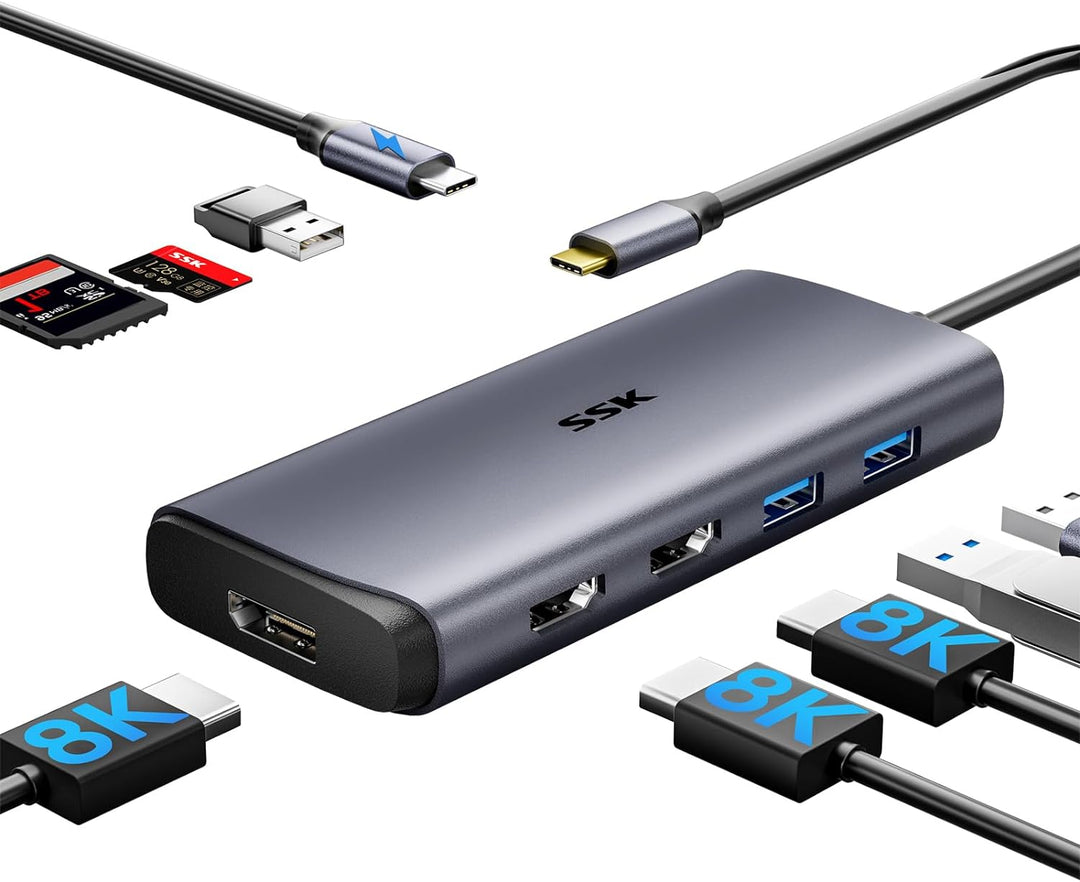 SSK USB C Dockingstation 3 Monitore, 9 in 1 Single 8K/Dual 4K60Hz USB C Hub DisplayPort Dock mit 2 H