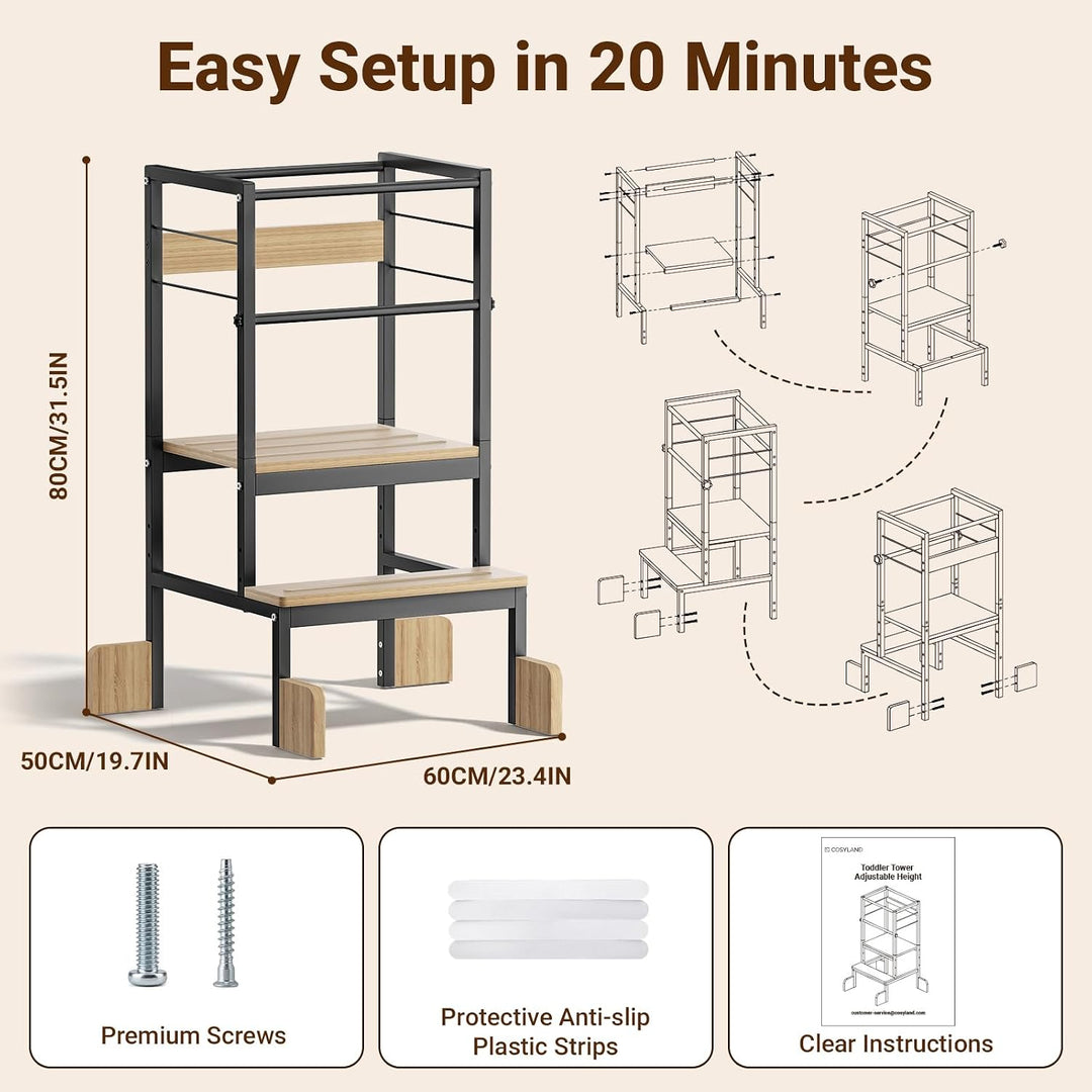 COSYLAND Lernturm ab 1 Jahr Montessori Learning Tower Stahl Stabil, Schwarz | Stabiler Toddler Tower