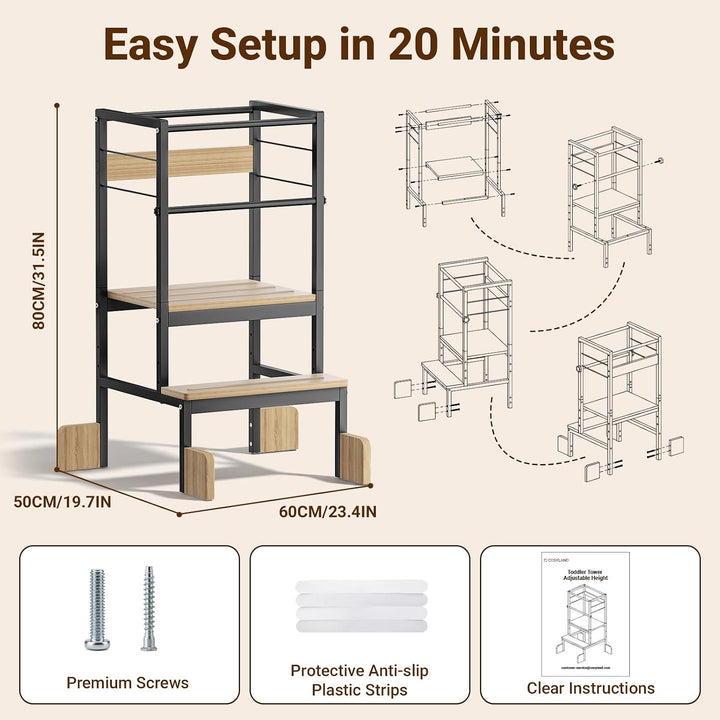 COSYLAND Lernturm ab 1 Jahr Montessori Learning Tower Stahl Stabil, Schwarz | Stabiler Toddler Tower