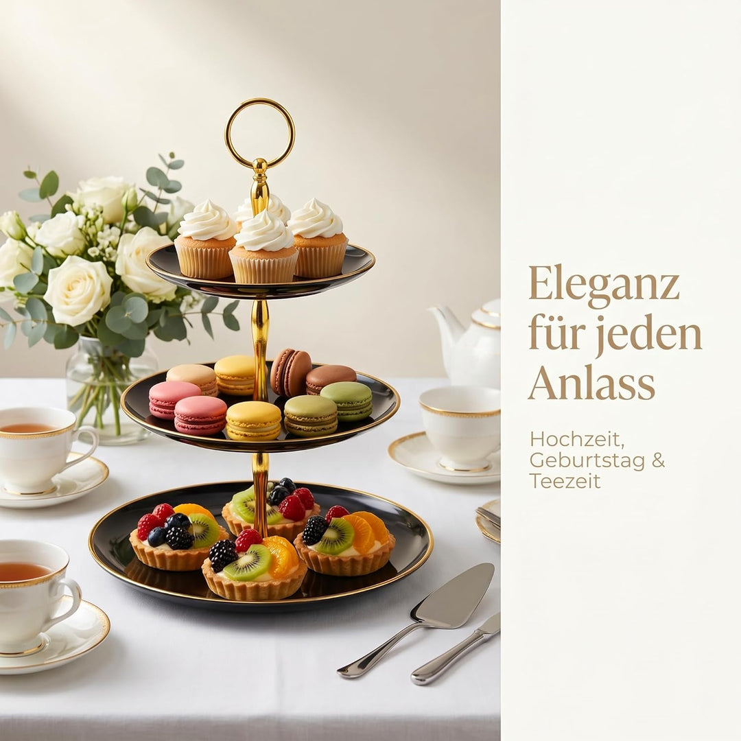 3 Stück 3-stöckiger Cupcake Ständer, Rund Etagere 3 Etagen Kuchenständer Schwarz aus Kunststoff, Des