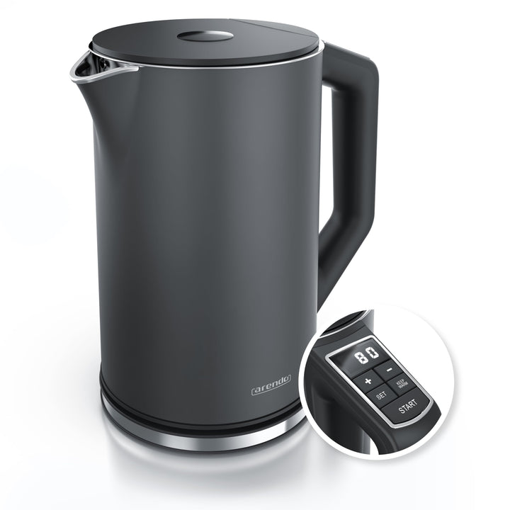 Arendo - Edelstahl Wasserkocher mit Temperatureinstellung 40-100 Grad in 5er Schritten - Doppelwand