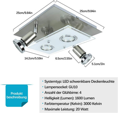 Depuley LED Deckenstrahler Schwenkbar Wohnzimmer, 4 Flammig LED Deckenleuchte, 4x3W GU10 LED Leuchtm