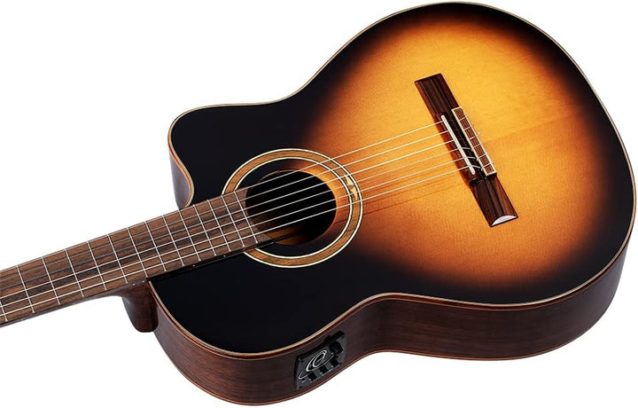 Ortega Guitars Slim Neck Konzertgitarre Performer Series Elektro-akustische 4/4 Gitarre, Tobacco Sun