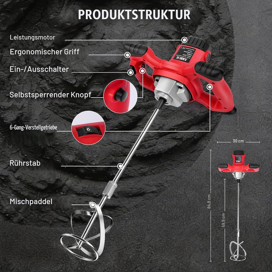 Anbull 2100W Rührwerk betonrührer,6-Gang-Getriebe 0-930U/min betonmischer, M14 Chrom Spiralstange 60