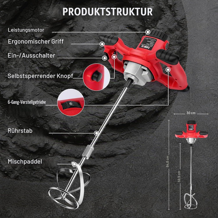 Anbull 2100W Rührwerk betonrührer,6-Gang-Getriebe 0-930U/min betonmischer, M14 Chrom Spiralstange 60