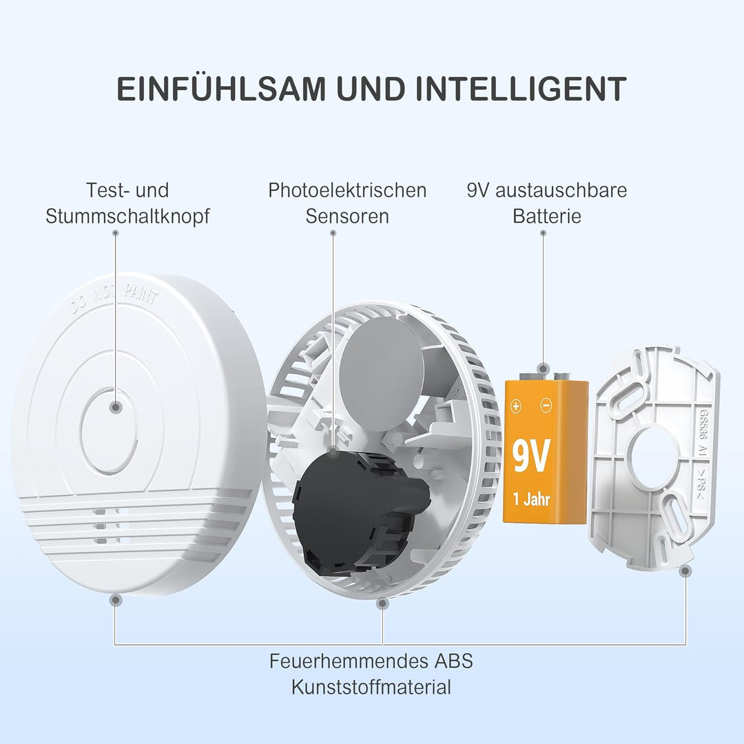 Rauchmelder Batterie Austauschbar 10 Jahre Rauch Sensor Rauchwarnmelder Set mit Magnethalterung DIN