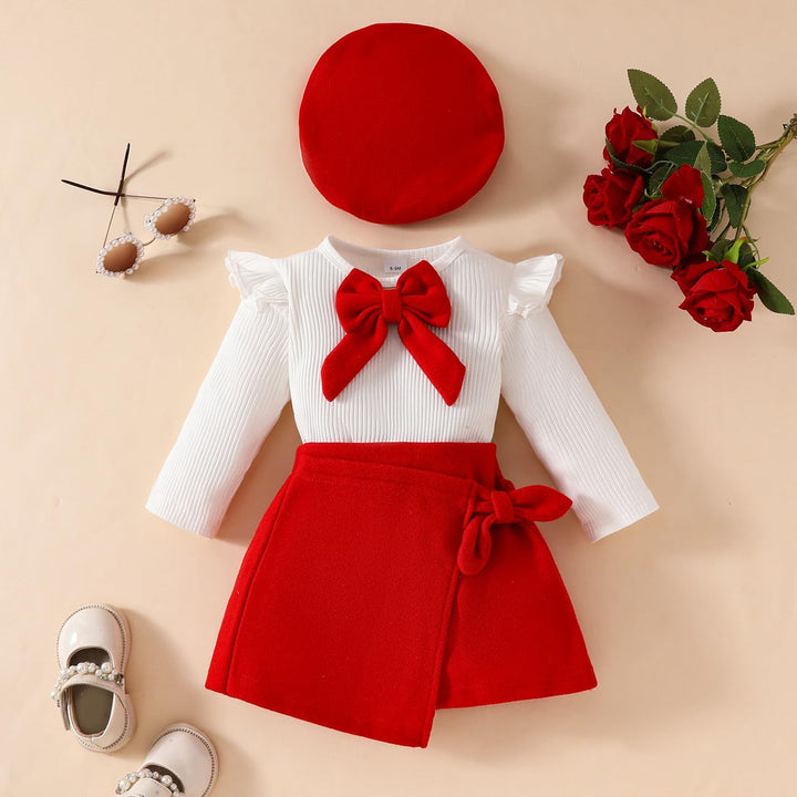 Kleinkind Baby Mädchen Outfits Rüschenärmel Gestrickt Bowknot Shirt + Elegant Mini Rock+ Baskenmütze