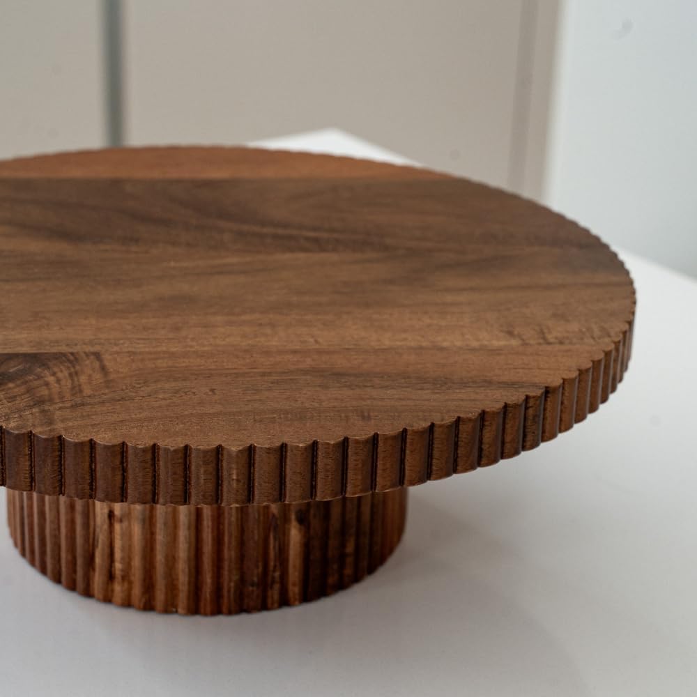 Zoha Akazie Stripe Tortenplatte - Akazienholz, Rund, Natur, 30 cm x 10 cm, Servierplatte gerillt, Ha
