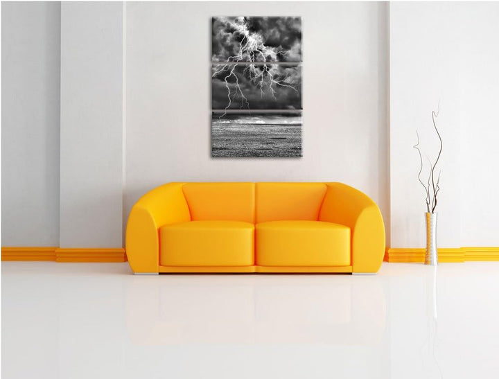 Pixxprint Monocrome, Gewitter über Meer 3-Teiler Leinwandbild 120x80 Bild auf Leinwand
