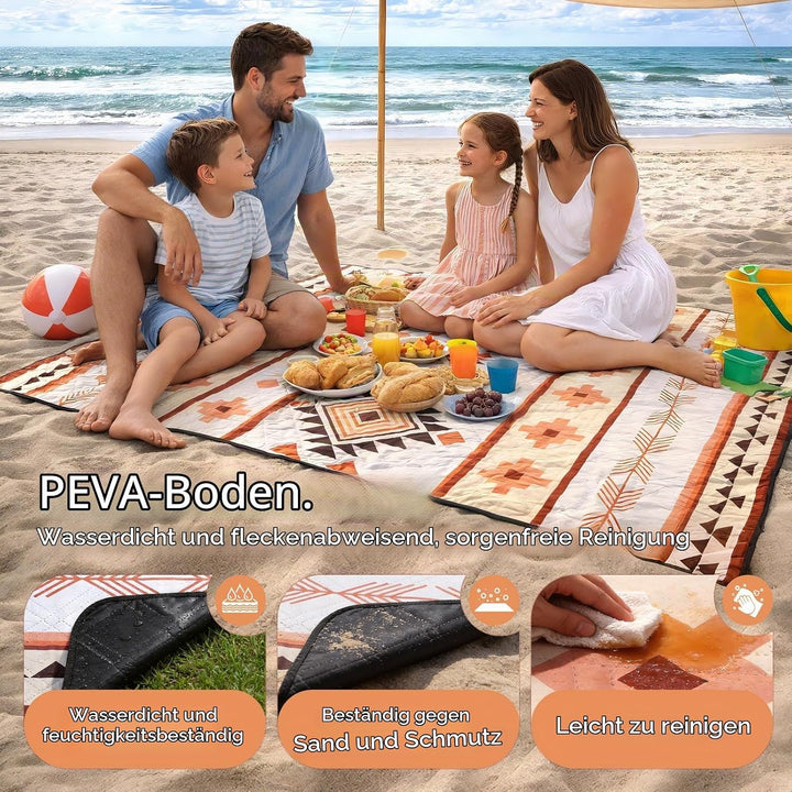 Sekey Boho Picknickdecke Wasserdicht 200x200 cm, Stranddecke Sandfrei | Gepolstert, Dreischichtige S