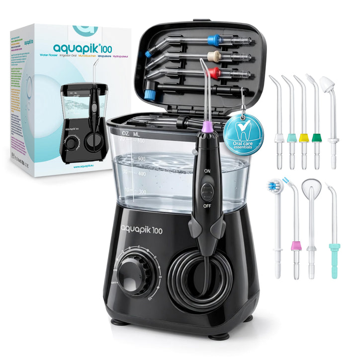 Aquapik® 100 professionelle Munddusche | Plaqueentferner + von Zahnärzten empfohlen | 8 Düsen, 10 Dr