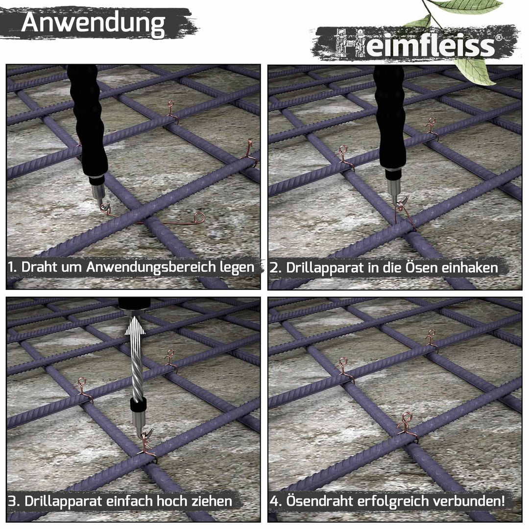 Heimfleiss® Drillapparat Driller + Rödeldraht 1,4 x 100 bis 300 mm (1000 Stk) - Set aus Drahtbinder