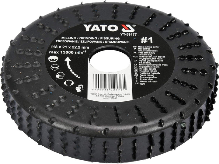 Yato YT-59177, Raspelscheibe D 118 x 22,2, Raspel stirnseitig/flächig, für Holz, Gipskarton