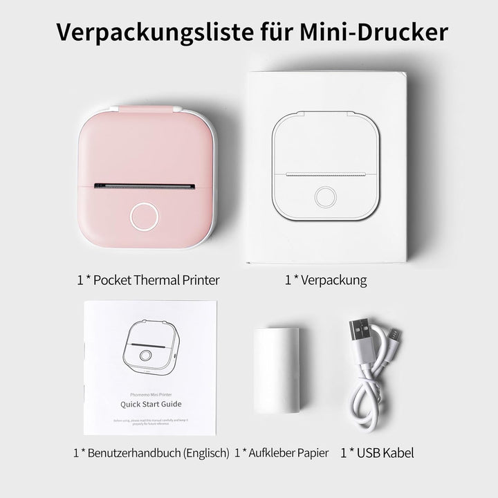 T02 Bluetooth Mini Drucker für Smartphone, tragbarer Fotodrucker fürs Handy, Etikettendrucker, Mobil